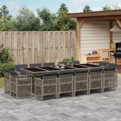 Set mobilier de grădină cu perne, 15 piese, gri, poliratan GartenMobel Dekor