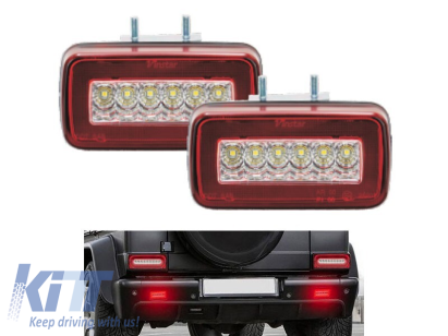 Kit de lumini LED suplimentare pentru ceață, potrivit pentru bara din spate a Mercedes G-Class W463 1986-2018, cu bază roșie și albă, stânga și dreapta Performance AutoTuning