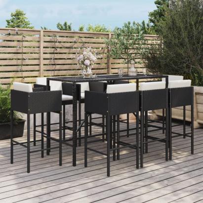 Set mobilier bar de grădină cu perne, 9 piese, negru, poliratan GartenMobel Dekor