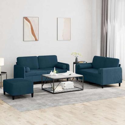 Set de canapele cu perne, 3 piese, albastru, catifea GartenMobel Dekor