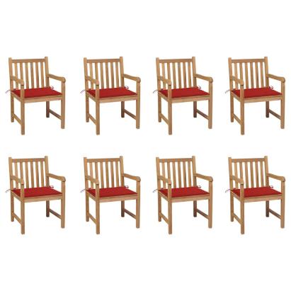 Scaune de grădină cu perne roșii, 8 buc., lemn masiv de tec GartenMobel Dekor