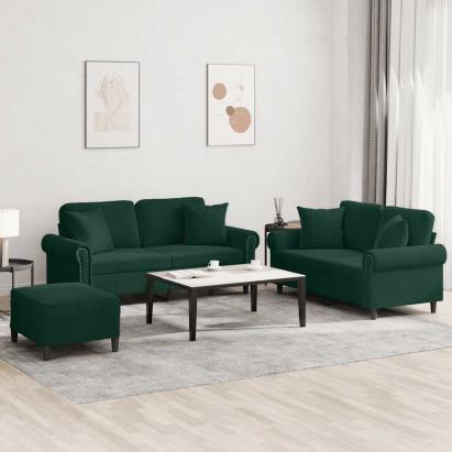 Set canapea cu perne, 3 piese, verde închis, catifea GartenMobel Dekor