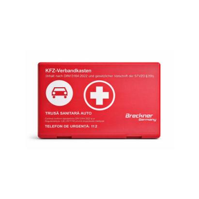 Trusă medicală auto de prim ajutor, cutie plastic roșie, DIN13164:2022