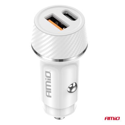 Incarcator auto AMIO USB-A si USB-C 20W pentru priza 12V/24V