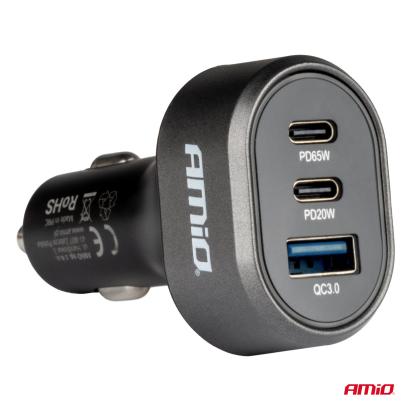Încărcător auto AMIO USB-C 65W + 20W și USB QC 3.0, priză brichetă