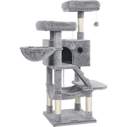 FEANDREA Ansamblu de joaca pentru pisici, tip copac, cu 3 culcusuri, hamac si ascunzatoare, 49x49x135cm, gri Household NewTrend