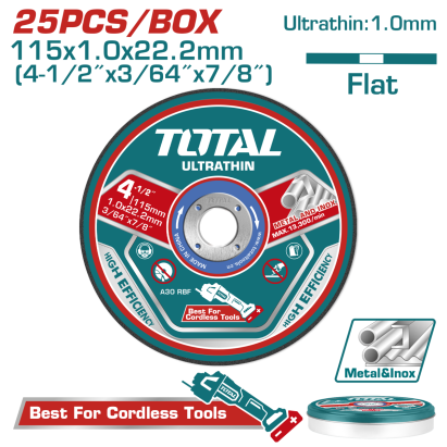 Set 25 discuri abrazive pentru tăiere metal și inox 115x1.0x22.2 mm TOTAL