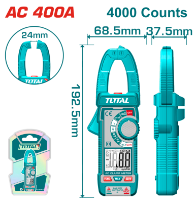 Clește ampermetric digital TOTAL 400A cu NCV și afișaj digital