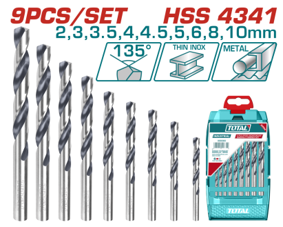 Set 9 burghie pentru metal TOTAL HSS 4341, 2-10 mm, 135°