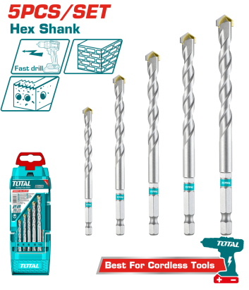 Set 5 burghie pentru zidarie TOTAL cu prindere HEX 1/4, 4-10 mm