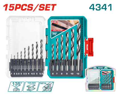 Set 15 burghie HSS 4341 pentru metal si inox subtire TOTAL
