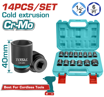 Set tubulare de impact TOTAL 1/2 inch, Cr-Mo, 14 piese, in cutie