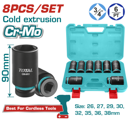 Set 8 tubulare de impact adanci TOTAL 3/4, Cr-Mo, 90 mm