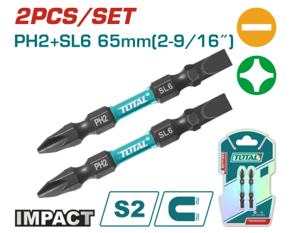 Set 2 biti impact TOTAL PH2+SL6, 65 mm, magnetici, otel S2