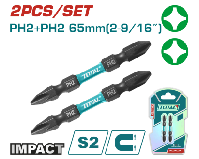 Set biti impact PH2 magnetici 65 mm, 2 bucati, otel S2 TOTAL