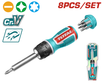 Set șurubelniță cu clichet TOTAL, 8 piese, cu biți Cr-V pentru uz general