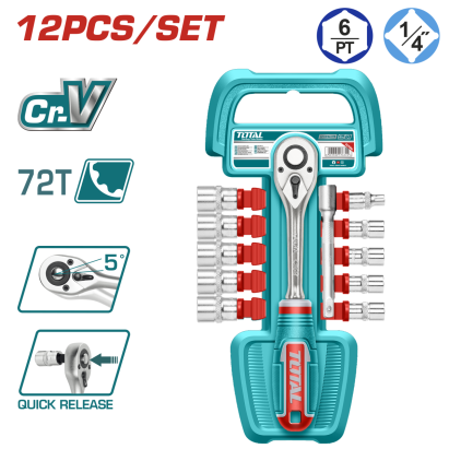 Set tubulare TOTAL 1/4 cu clichet si extensie, 12 piese, otel Cr-V