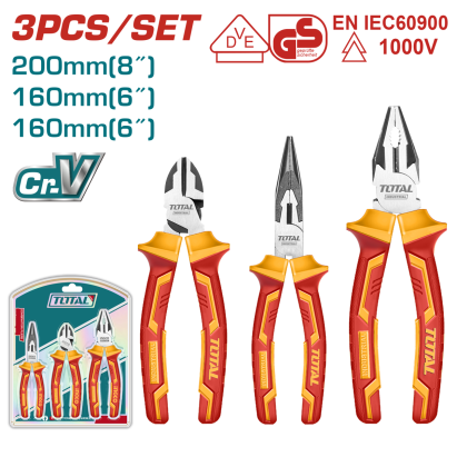 Set 3 clești izolați pentru electrician TOTAL, Cr-V, 1000V