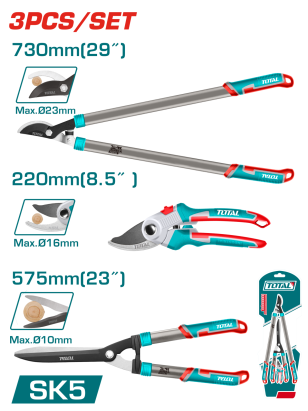 Set foarfeci de gradina TOTAL, 3 piese, lame teflonate