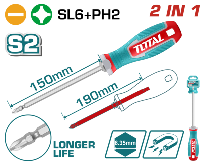 Șurubelniță 2 în 1 TOTAL SL6 + PH2, vârf magnetic, oțel S2, 150 mm