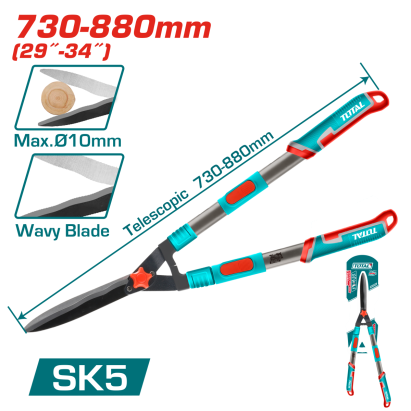 Foarfecă telescopică TOTAL pentru tuns gard viu, lame SK5, 730-880 mm