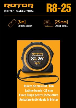 Ruletă 8m x 25mm ROTOR R8-25, Curea de mână, Auto-blocare