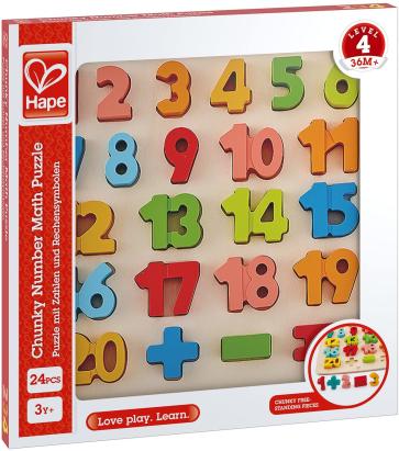 Puzzle matematic din lemn Hape Chunky cu numere 1-20, 24 piese