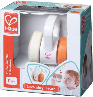 Zornăitoare rolă din lemn Hape pentru bebeluși, multicolor, 0+ luni