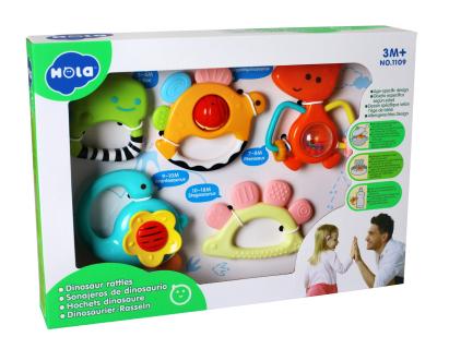 Set 5 zornăitori dinozauri multicolori pentru bebeluși 3+ luni