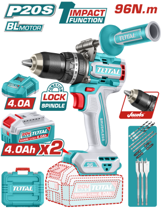 Masina de gaurit cu impact TOTAL 20V, 96 Nm, 2 acumulatori 4.0Ah