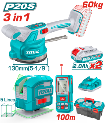 Kit montaj placi ceramice TOTAL 20V 3 in 1 cu vibrator, telemetru si nivela laser