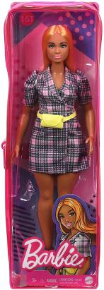 Papusa Barbie Fashionistas cu rochie tip blazer roz in carouri