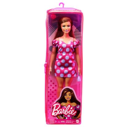 Papusa Barbie Fashionistas satena cu rochie roz cu buline si geanta mov