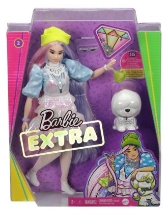 Păpușă Barbie Extra cu căciulă beanie verde și cățel alb