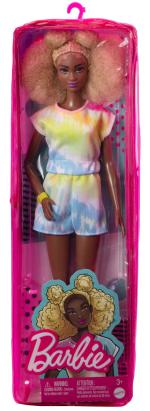 Papusa Barbie Fashionista cu par afro blond si tinuta colorata
