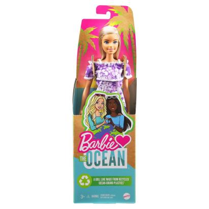 Păpușă Barbie Loves the Ocean blondă, ținută de plajă mov