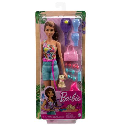 Păpușa Barbie sportivă cu accesorii, cățel și echipament de joacă
