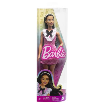 Păpușă Barbie Fashionistas brunetă cu bentiță și rochie roz în carouri
