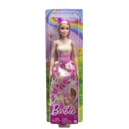 Păpușă Barbie cu păr blond și roz, rochie multicoloră, 3+ ani