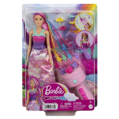 Papusa Barbie Dreamtopia cu aparat de coafat si accesorii pentru par