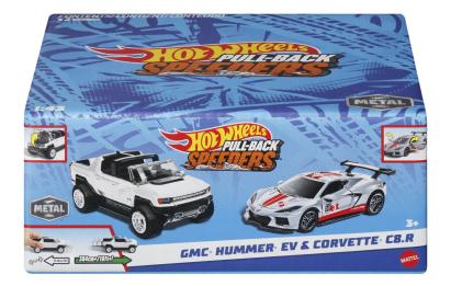 Set 2 mașinuțe metalice Hot Wheels Pull Back GMC Hummer EV și Corvette C8.R 1:43