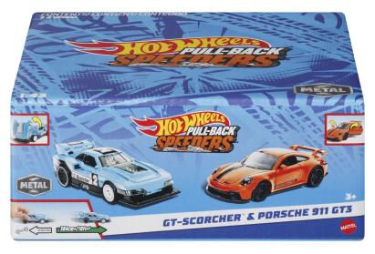Set 2 mașinuțe metalice Hot Wheels Pull Back GT-Scorcher și Porsche 911 GT3 1:43