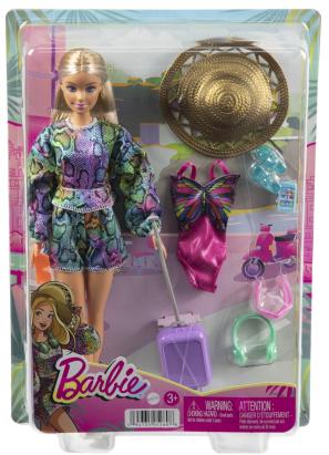 Păpușa Barbie în călătorie cu valiză și accesorii de vacanță
