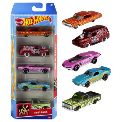 Set 5 masinute Hot Wheels HW Flames, modele multicolore pentru copii
