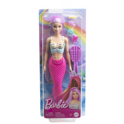 Papusa Barbie Sirena cu par mov, coada roz si accesorii de coafat