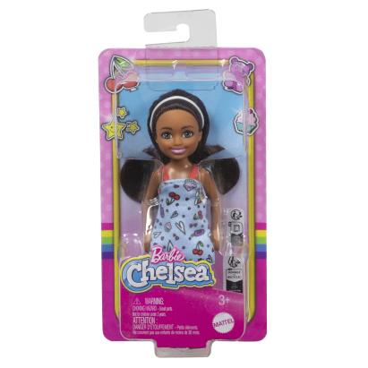 Păpușă Barbie Chelsea cu păr șaten și rochiță albastră, 15 cm