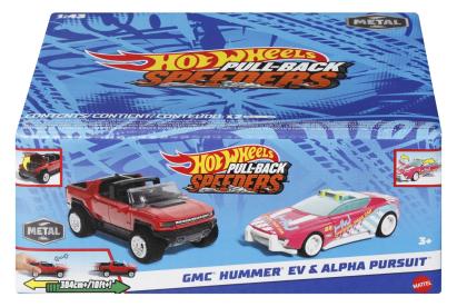 Set 2 mașinuțe metalice Hot Wheels Pull Back GMC Hummer EV și Alpha Pursuit 1:43