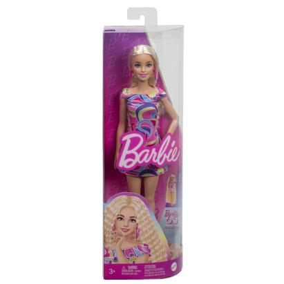 Păpușă Barbie Fashionistas cu păr blond ondulat și rochie colorată
