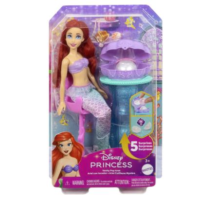 Papusa Ariel Disney Princess cu masuta de machiaj si 5 surprize