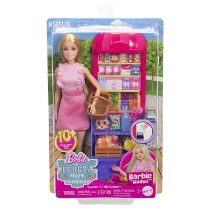 Papusa Barbie Malibu la piata cu stand si accesorii tematice